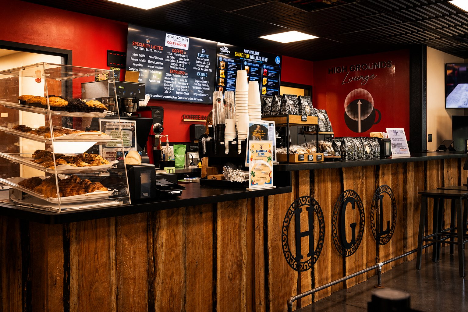 Order counter and pastry case at High Grounds Lounge