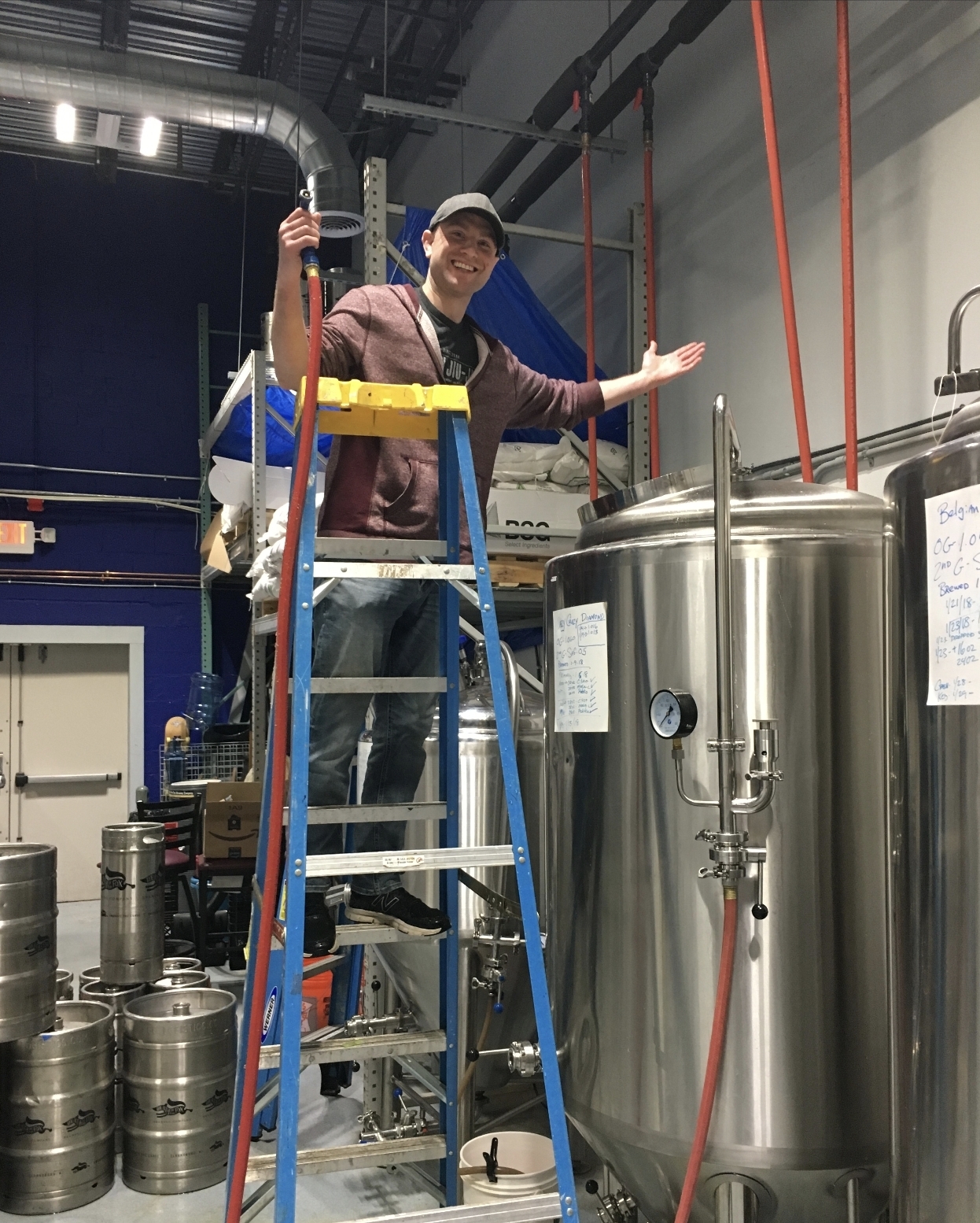 Brewer on a ladder beside the fermentation tanks in the Death of the Fox brewhouse